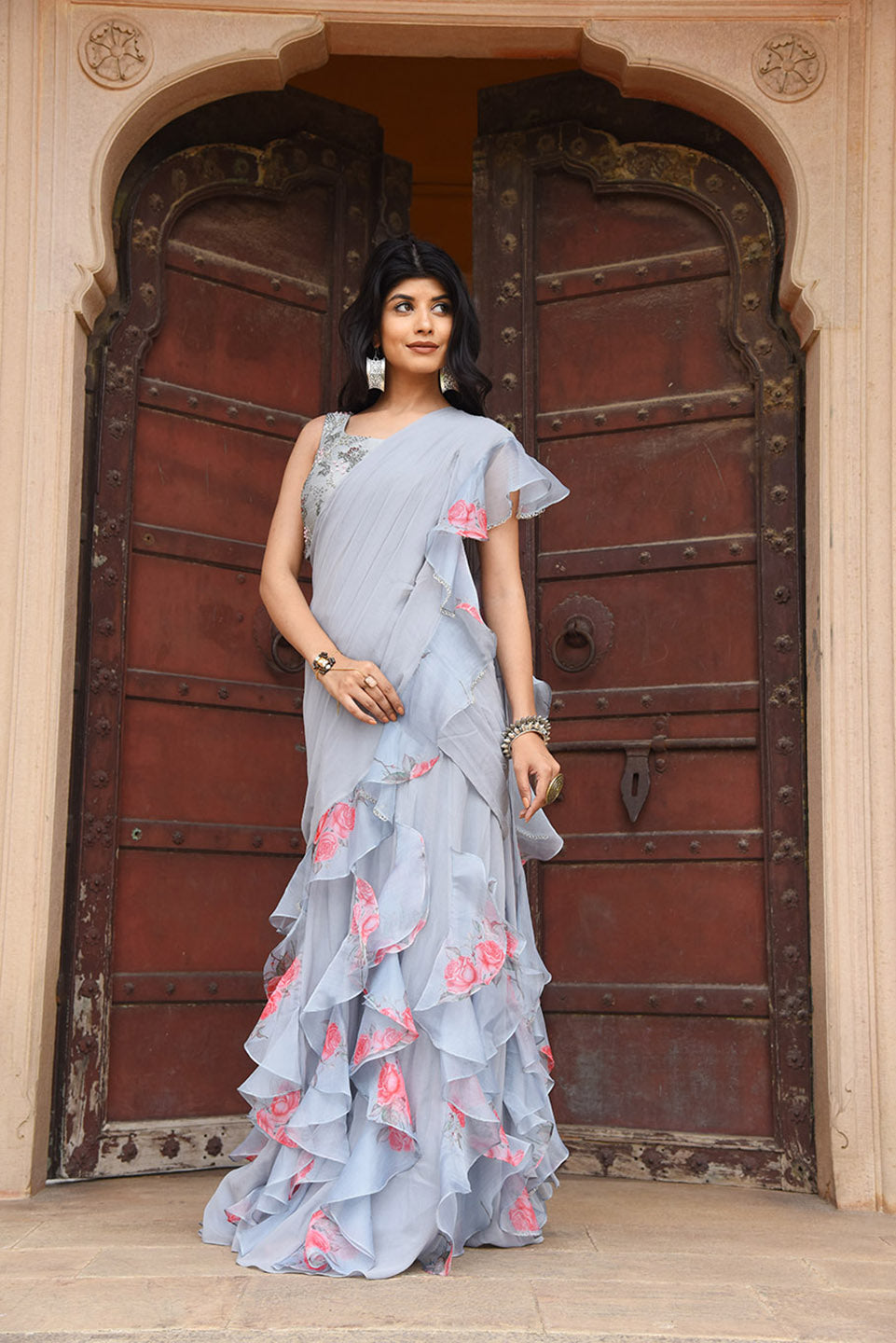 Ruffle Saree | Sacred Flower | Georgette, Organza